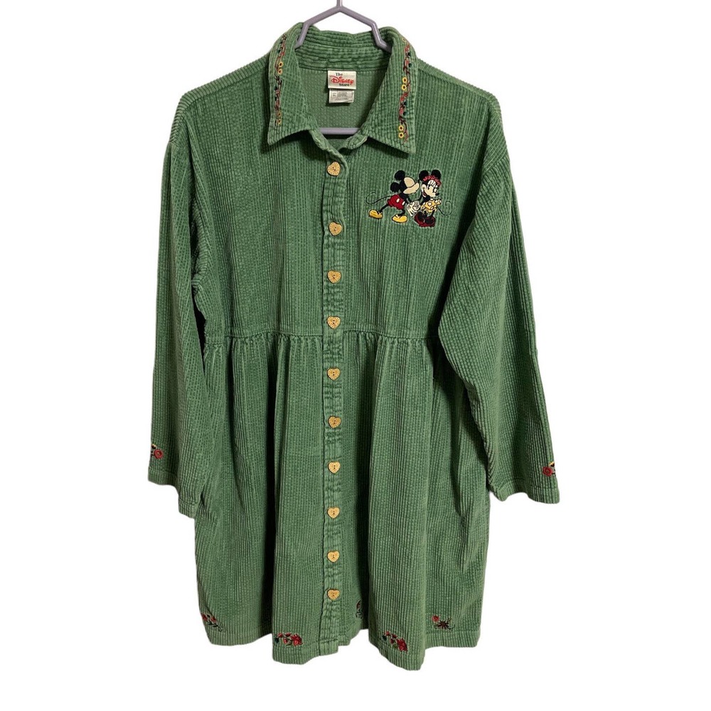 VTG Disney Womens Shirt Dress Size XL Mickey Minnie Mouse Corduroy Jumper Green